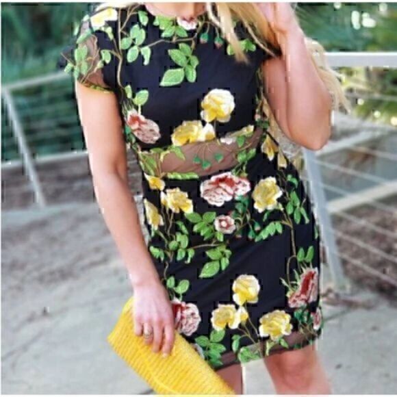 Agaci Floral Mesh Embroidery Bodycon Flower Short Sleeve Mini Dress M - Picture 1 of 8